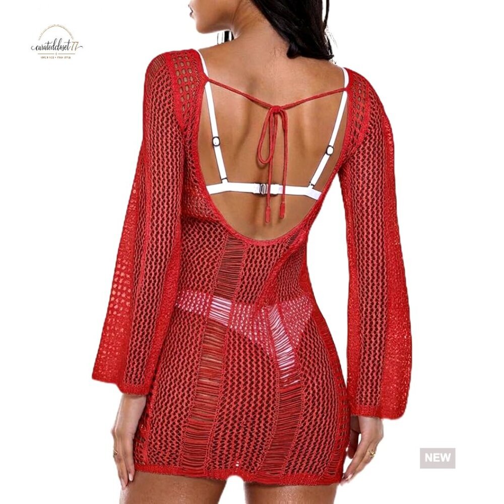 Long Sleeve Crochet Cover Up Sheer Mesh Hollow Out Beach Swimsuit